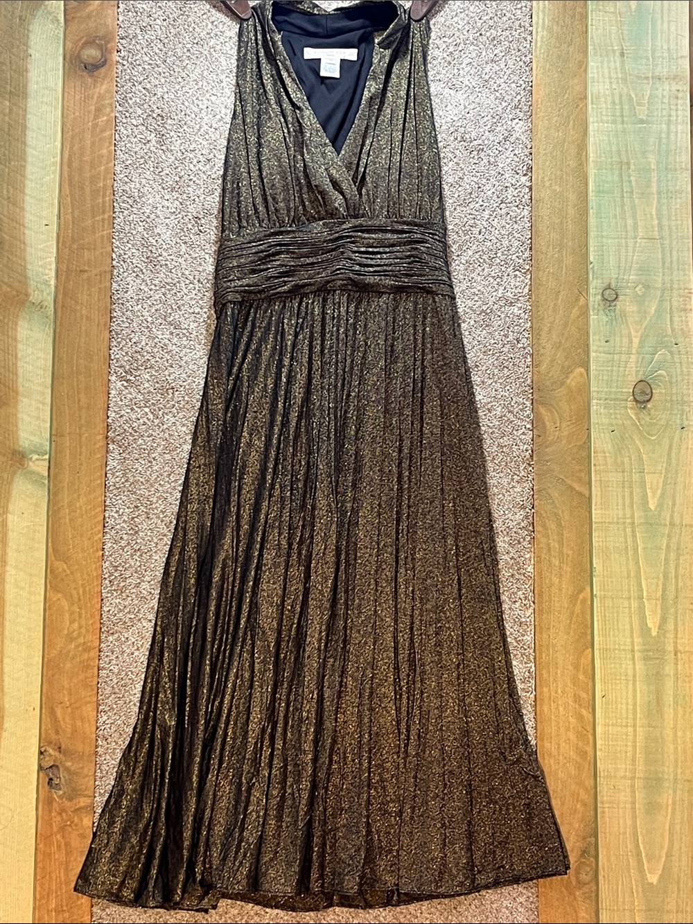 Evan Picone Metallic Bronze V-Neck Maxi Dress